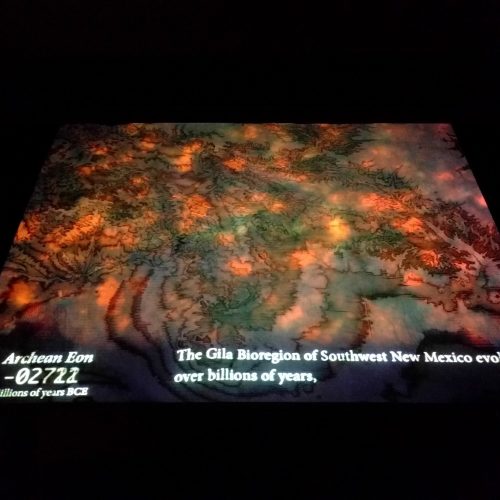 a 150x200 square mile area of SW New Mexico,
that contains the head waters of the Gila River.
4.5 billion years of this areas geologic and human history projected onto a table carved with the current 3-d terrain.